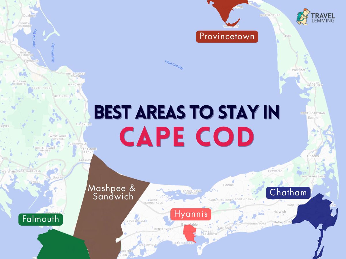 A graphic map that shows the best areas to stay in Cape Cod