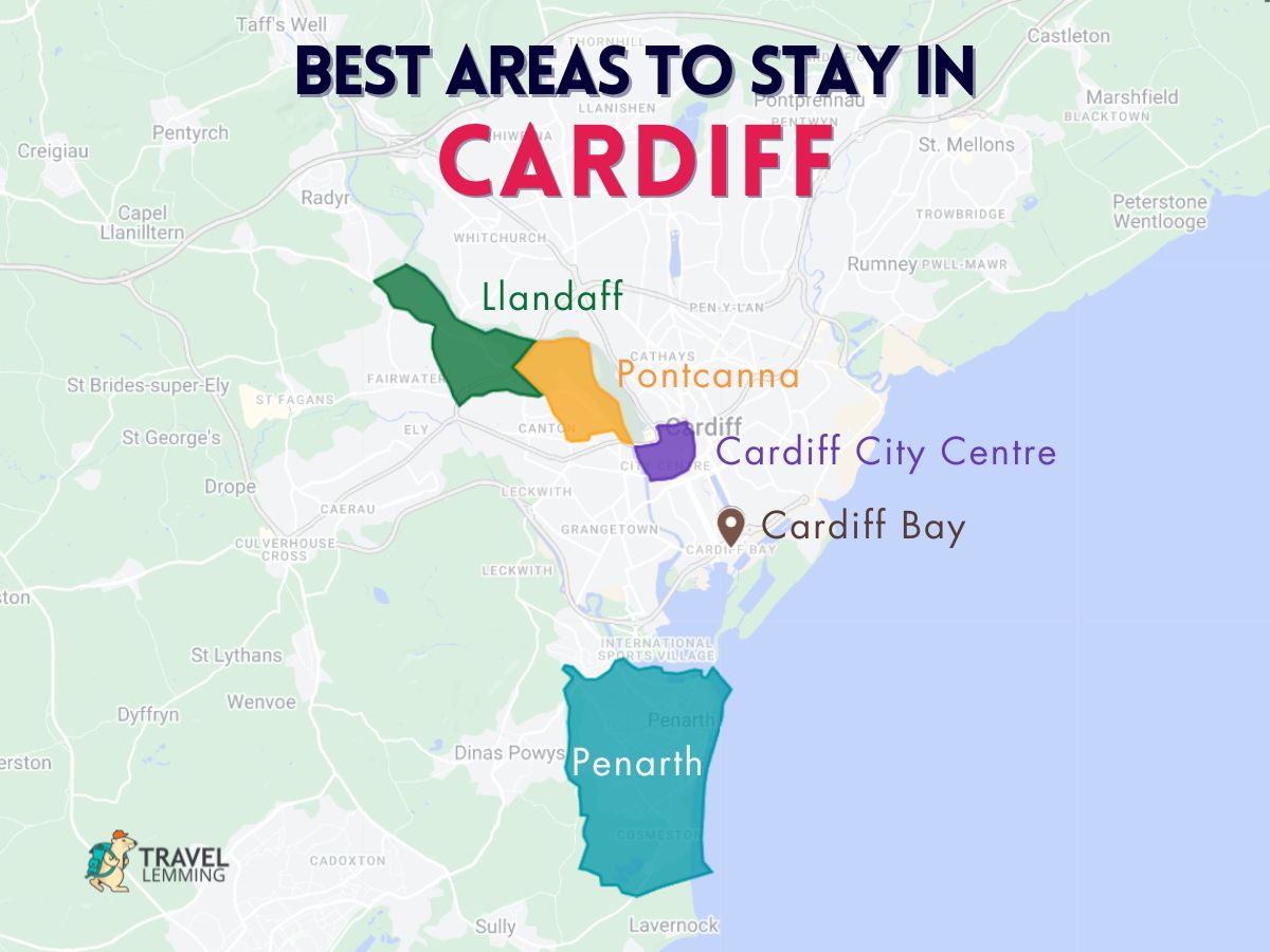 A graphic map that shows the best areas to stay in Cardiff