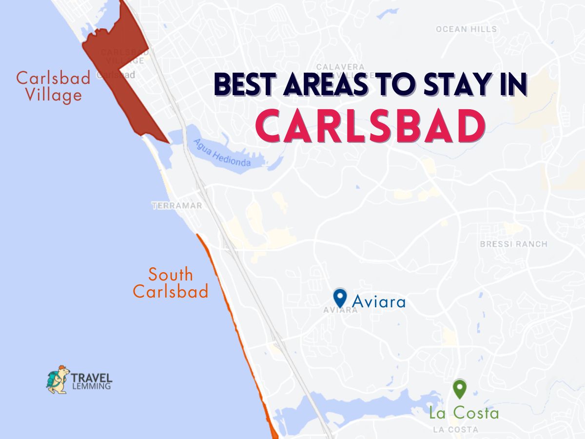 A graphic map that shows the best areas to stay in Carlsbad