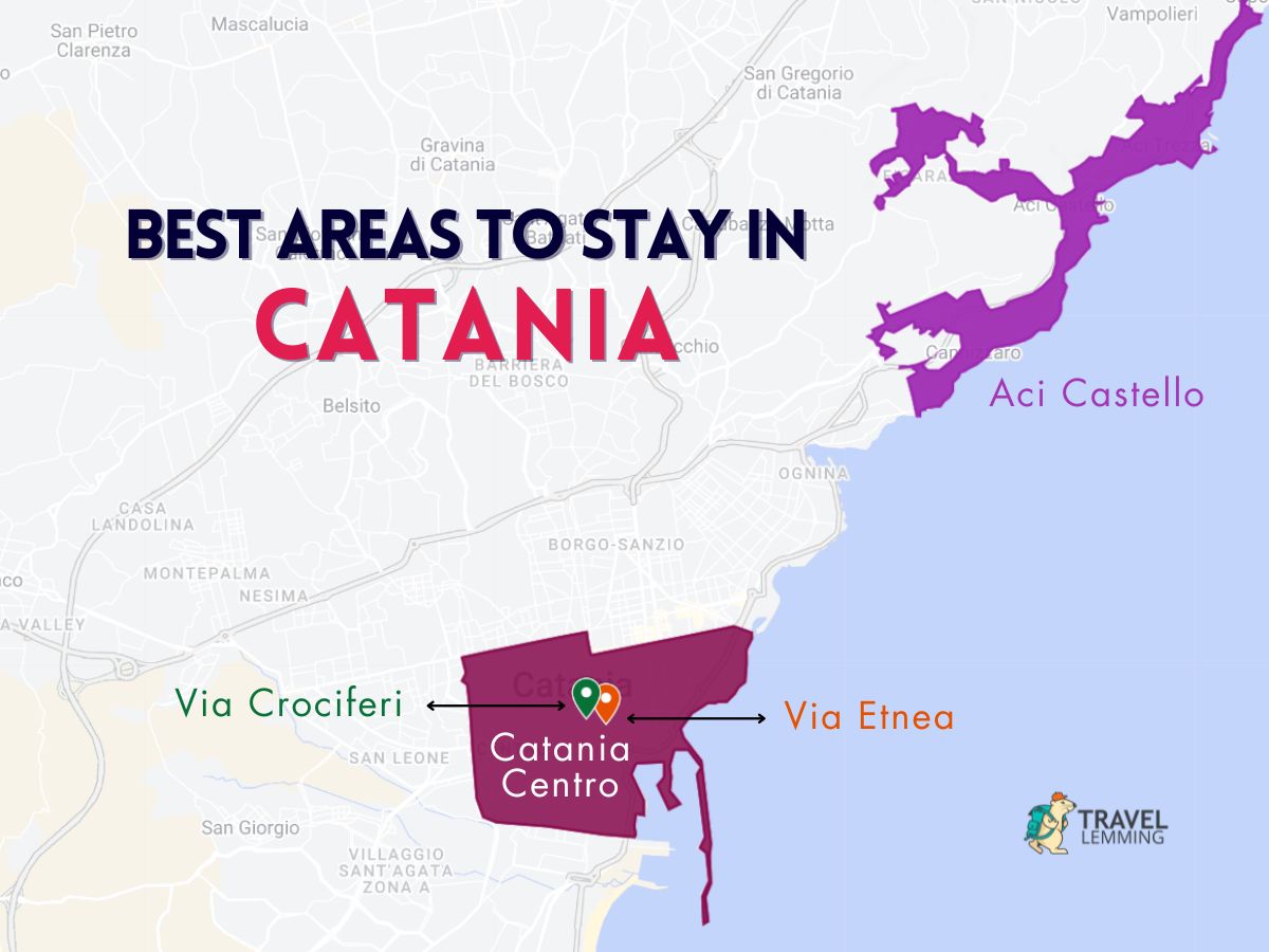 A graphic map that shows the best areas to stay in Catania