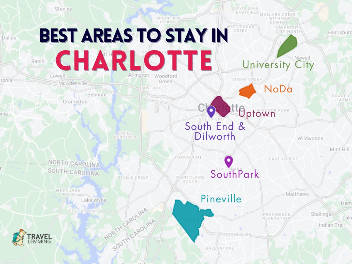 A graphic map that shows the best areas to stay in Charlotte