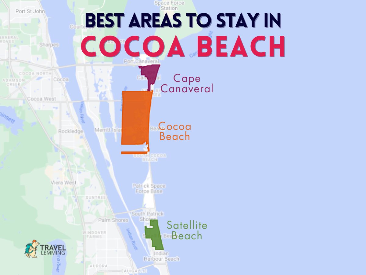 A graphic map that shows the best areas to stay in Cocoa Beach