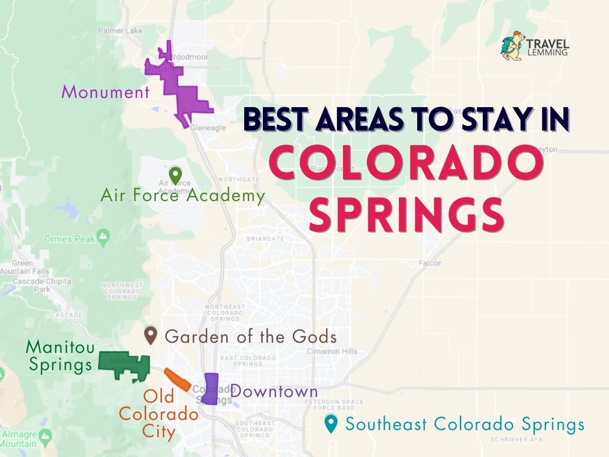 A graphic map that shows the best areas to stay in Colorado Springs