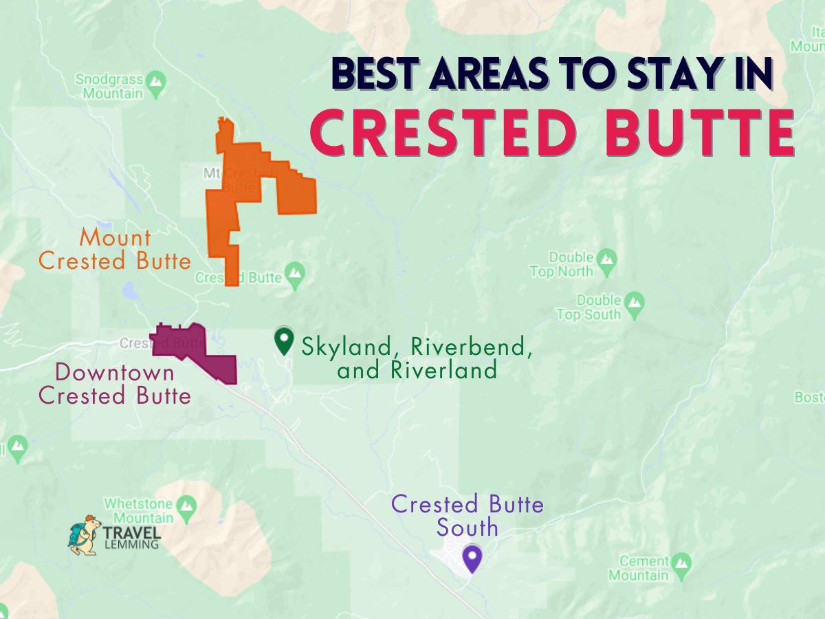 A graphic map that shows the best areas to stay in Crested Butte