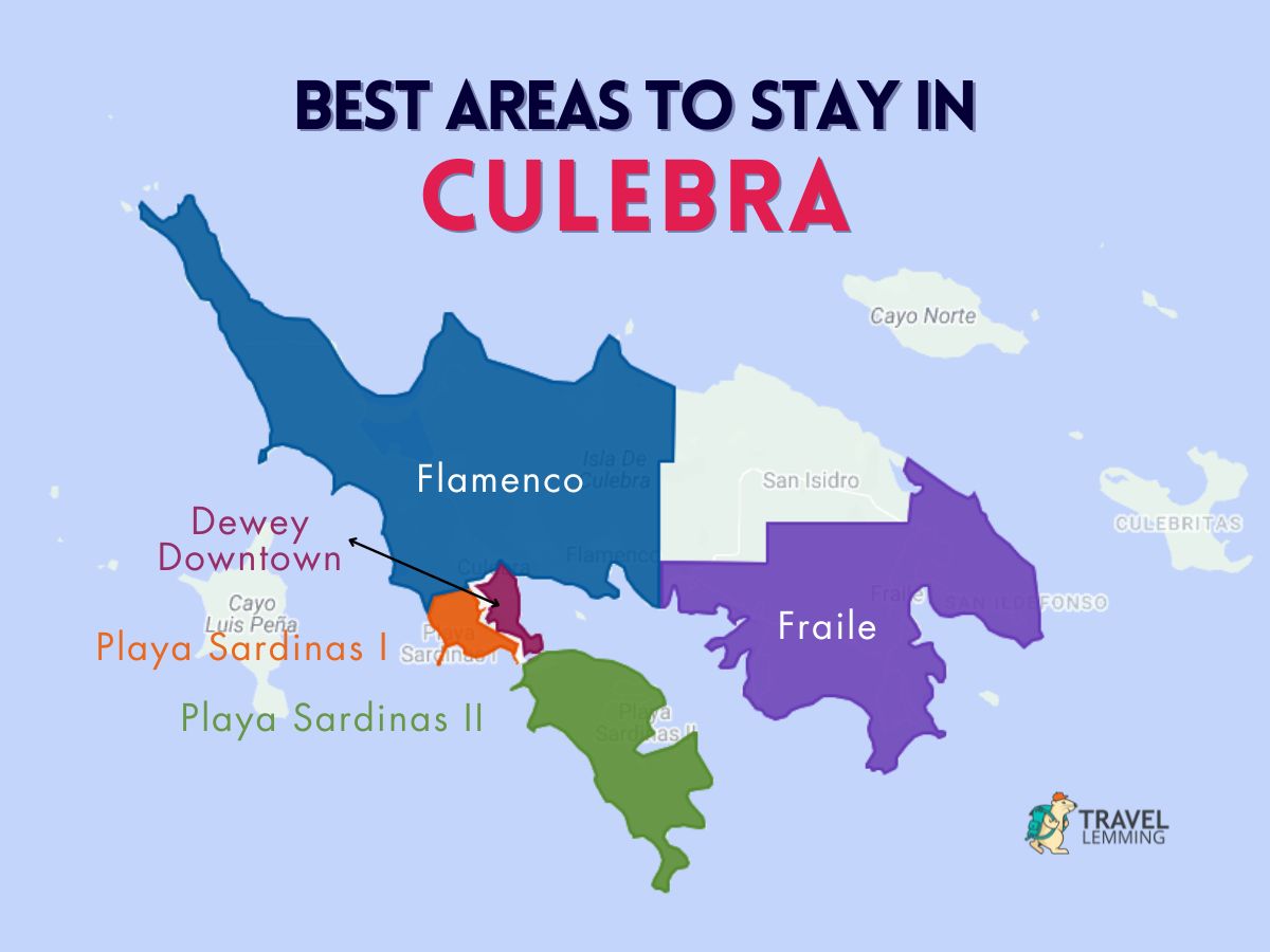 A graphic map that shows the best areas to stay in Culebra