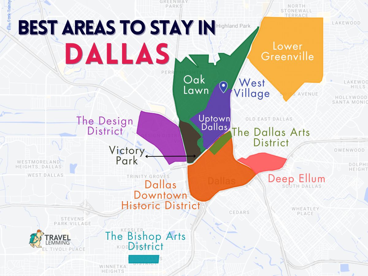 A graphic map that shows the best areas to stay in Dallas