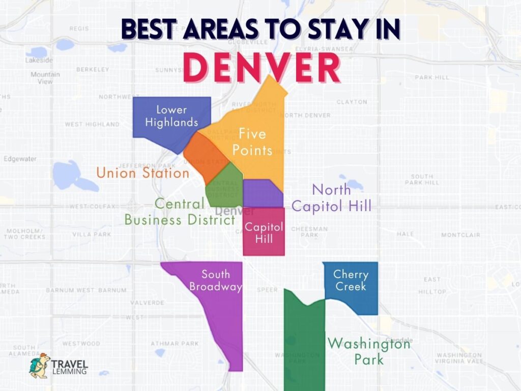 A graphic map that shows the best areas to stay in Denver, Colorado