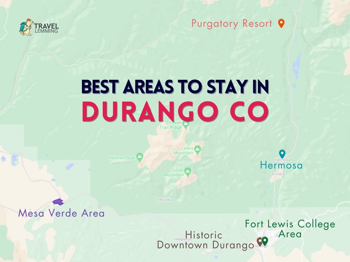 A graphic map that shows the best areas to stay in Durango 