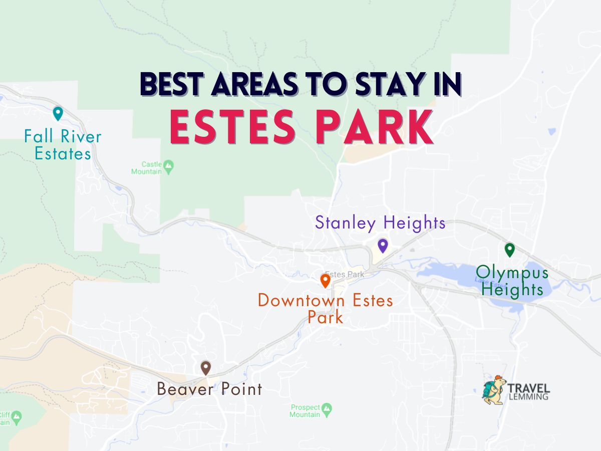 A graphic map that shows the best areas to stay in Estes Park