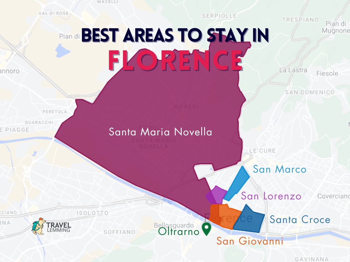 A graphic map that shows the best areas to stay in Florence