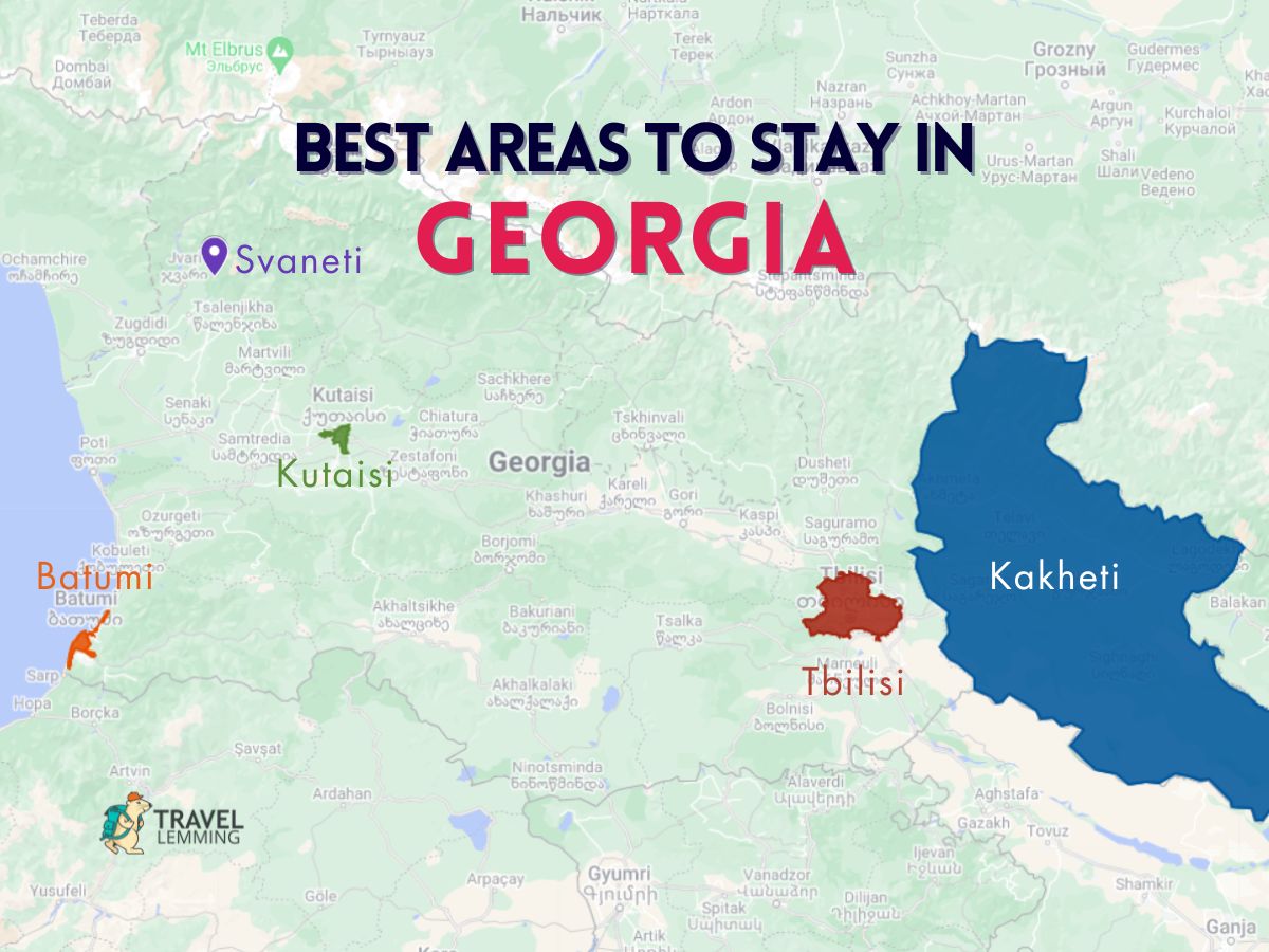 A graphic map that shows the best areas to stay in the country of Georgia