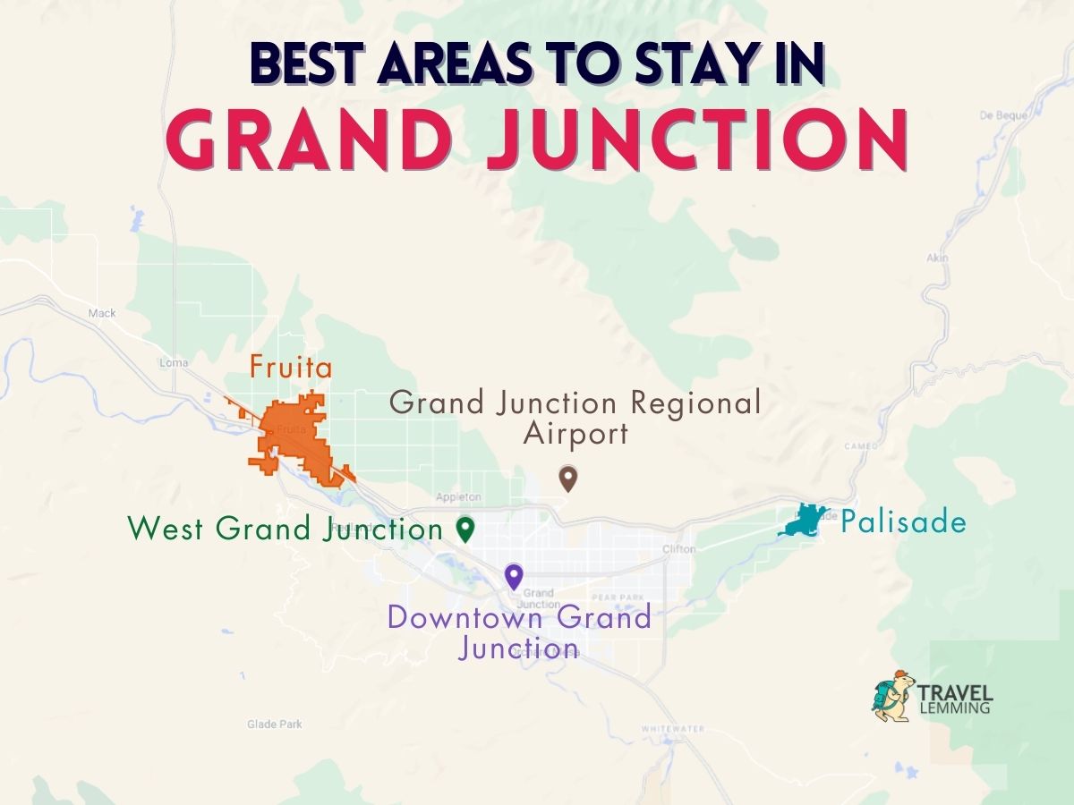 A graphic map that shows the best areas to stay in Grand Junction