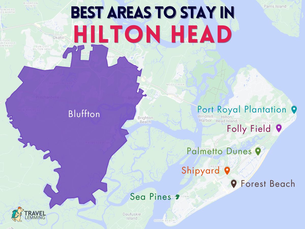 A graphic map that shows the best areas to stay in Hilton Head