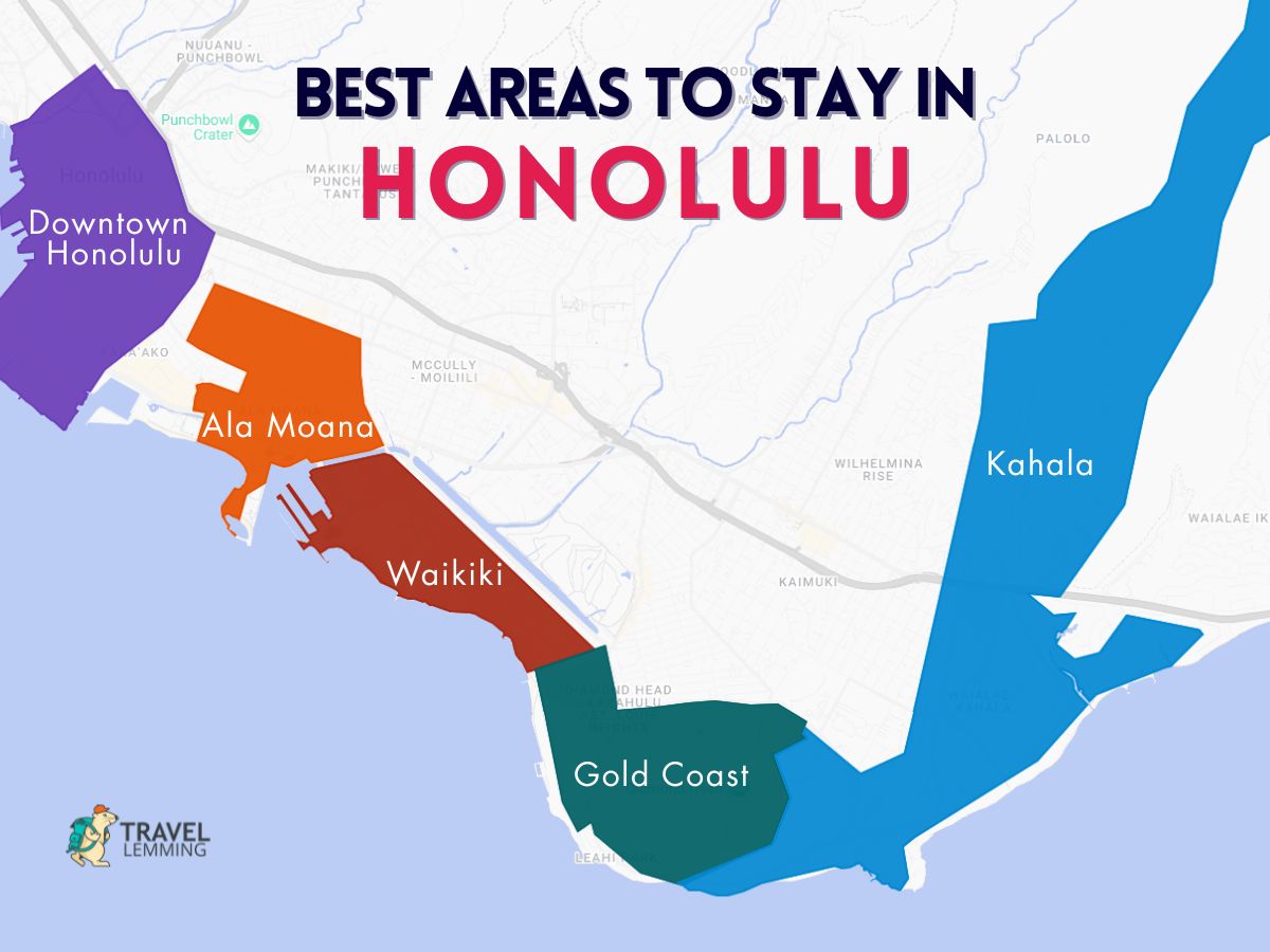 A graphic map that shows the best areas to stay in Honolulu