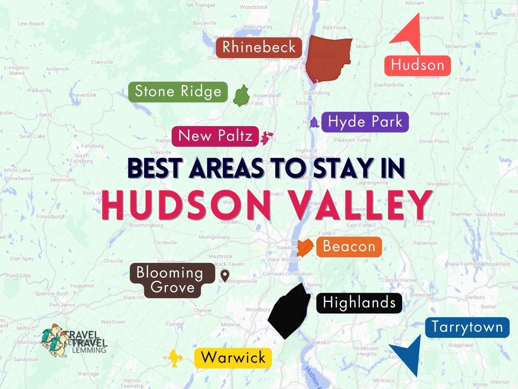 A graphic map that shows the best areas to stay in Hudson Valley