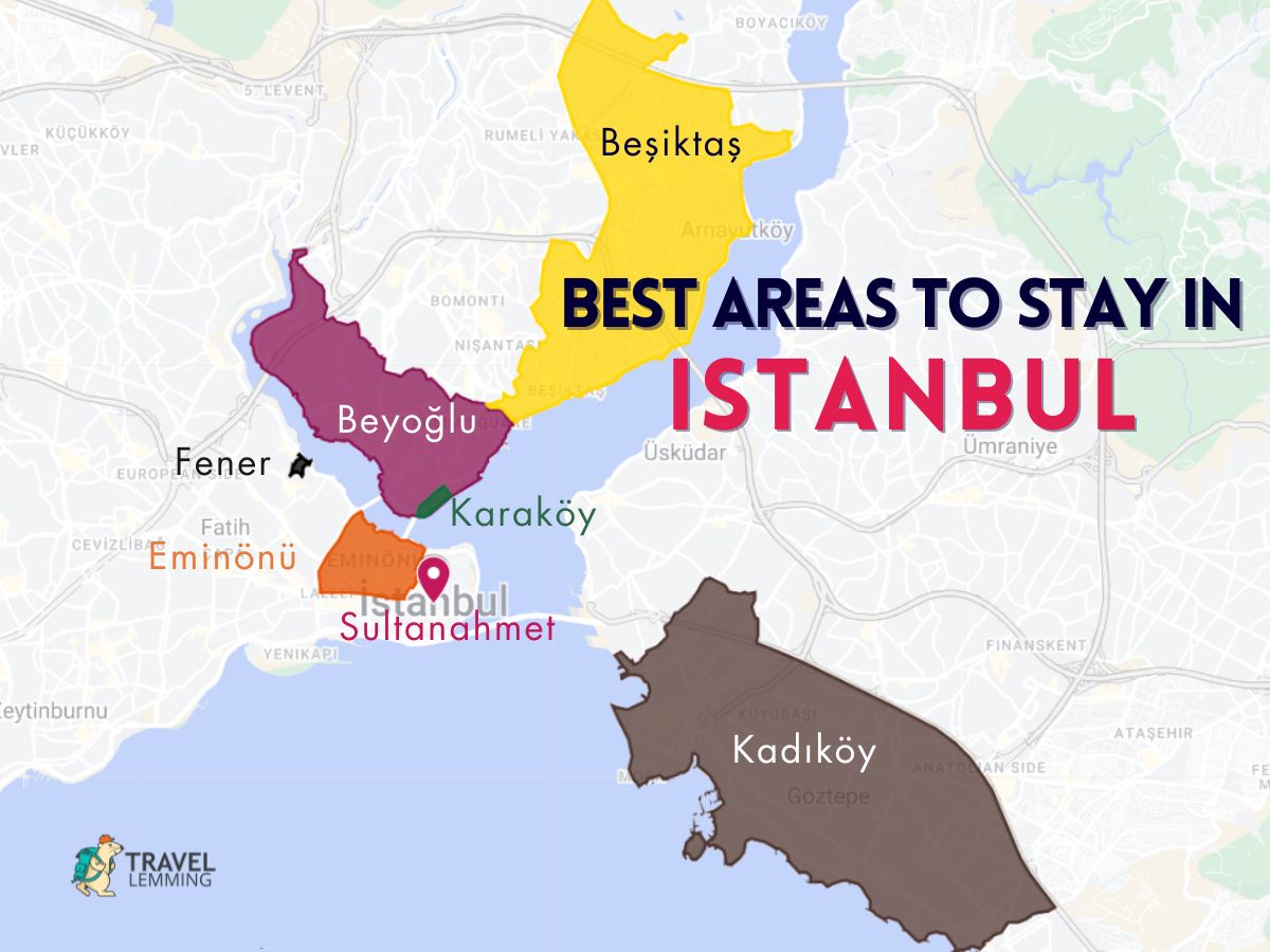 A graphic map that shows the best areas to stay in Istanbul