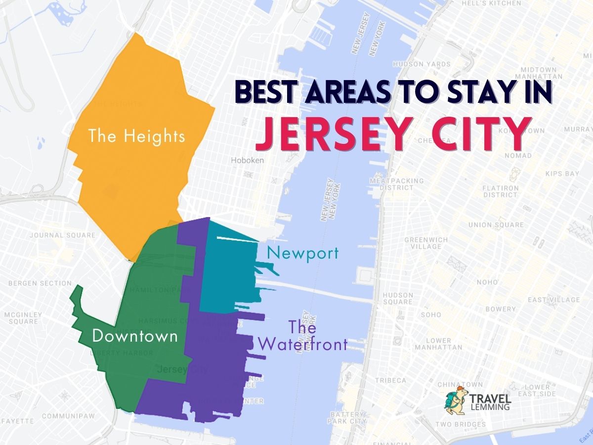 A graphic map that shows the best areas to stay in Jersey City
