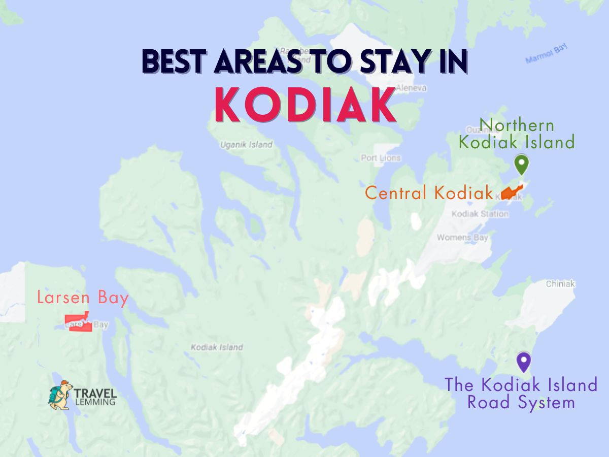 A graphic map that shows the best areas to stay in Kodiak