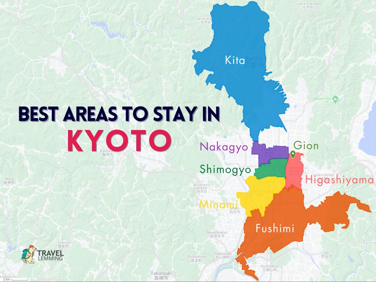 A graphic map that shows the best areas to stay in Kyoto