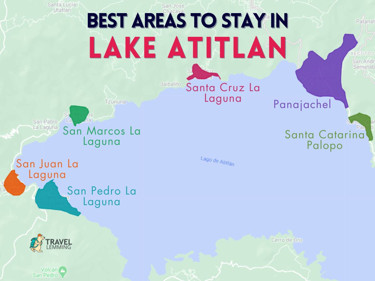 A graphic map that shows the best areas to stay in Lake Atitlan