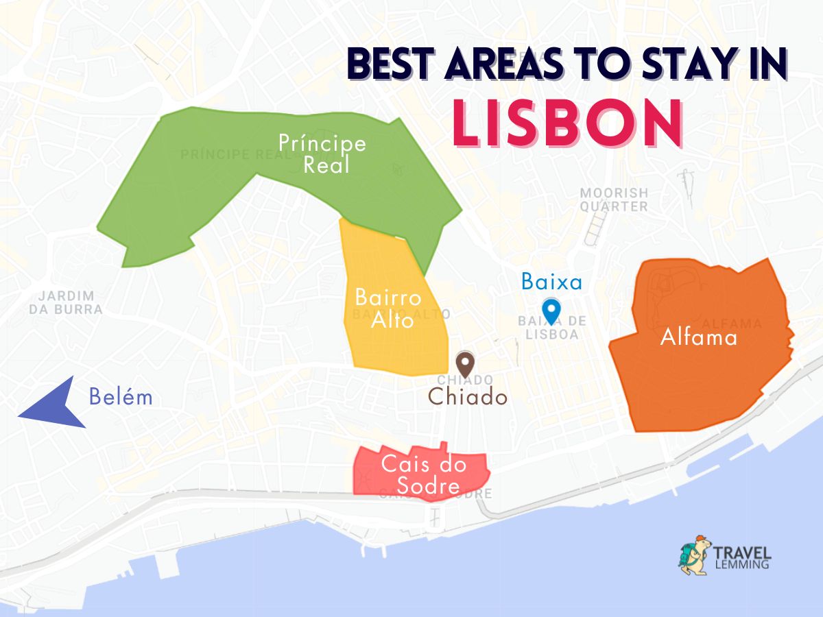 A graphic map that shows the best areas to stay in Lisbon