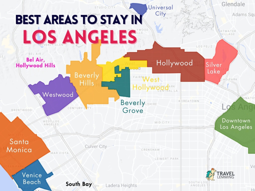 A graphic map that shows the best areas to stay in Los Angeles
