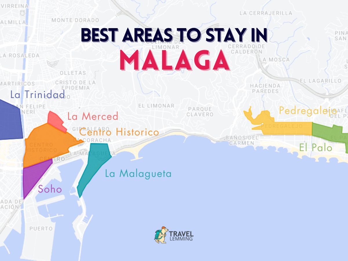 A graphic map that shows the best areas to stay in Malaga