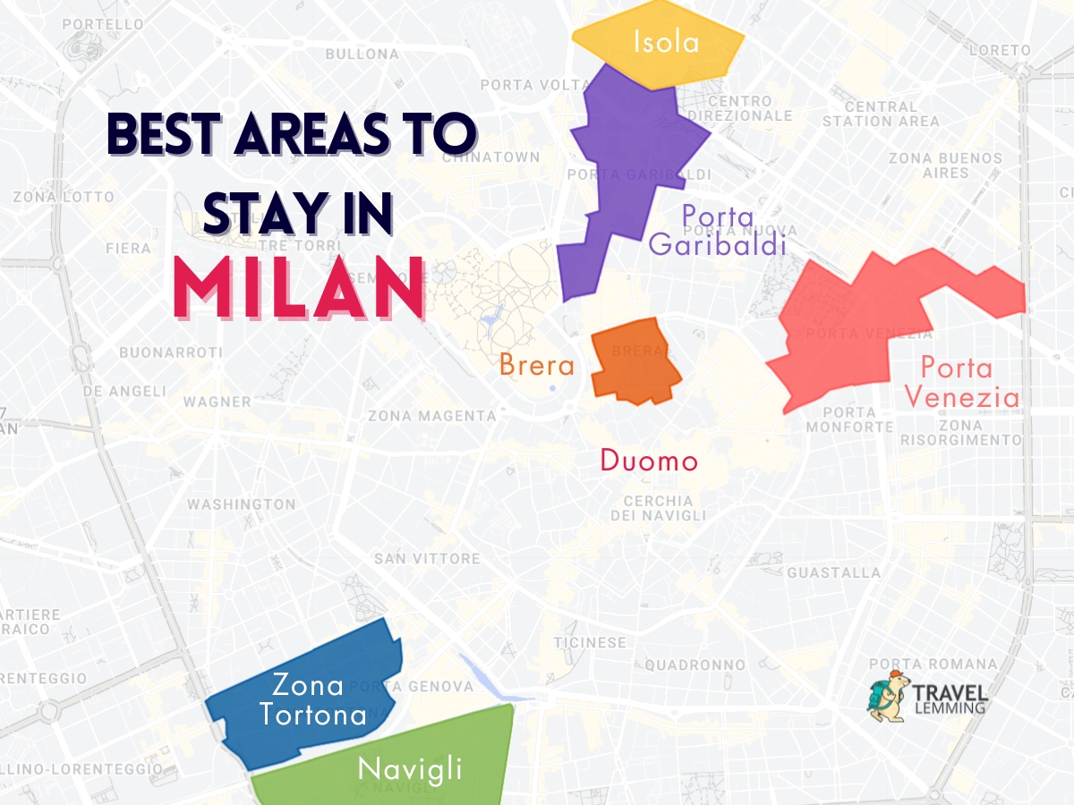 A graphic map that shows the best areas to stay in Milan