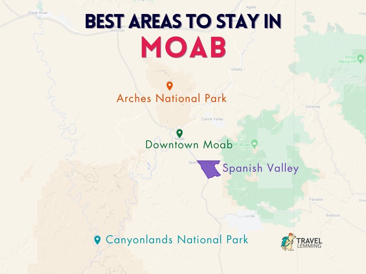 A graphic map that shows the best areas to stay in Moab