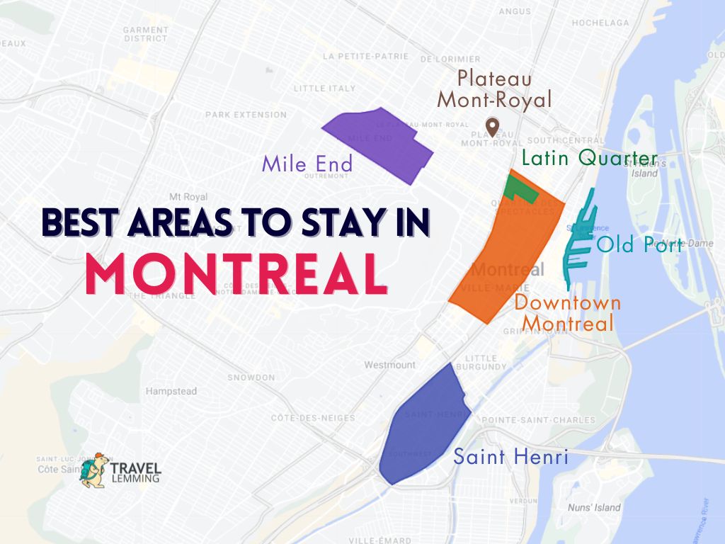 A graphic map that shows the best areas to stay in Montreal