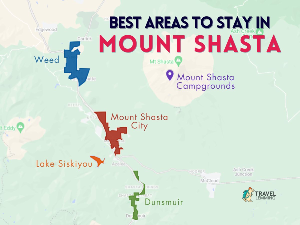 A graphic map that shows the best areas to stay in Mount Shasta