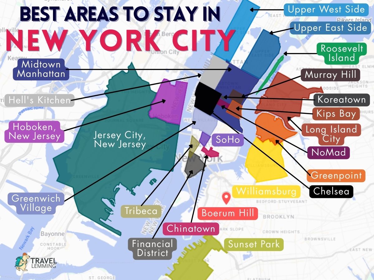 A graphic map that shows the best areas to stay in New York City