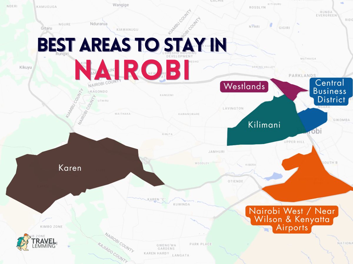 A graphic map that shows the best areas to stay in Nairobi