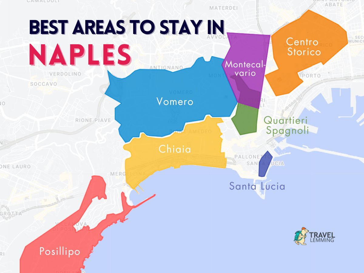 A graphic map that shows the best areas to stay in Naples