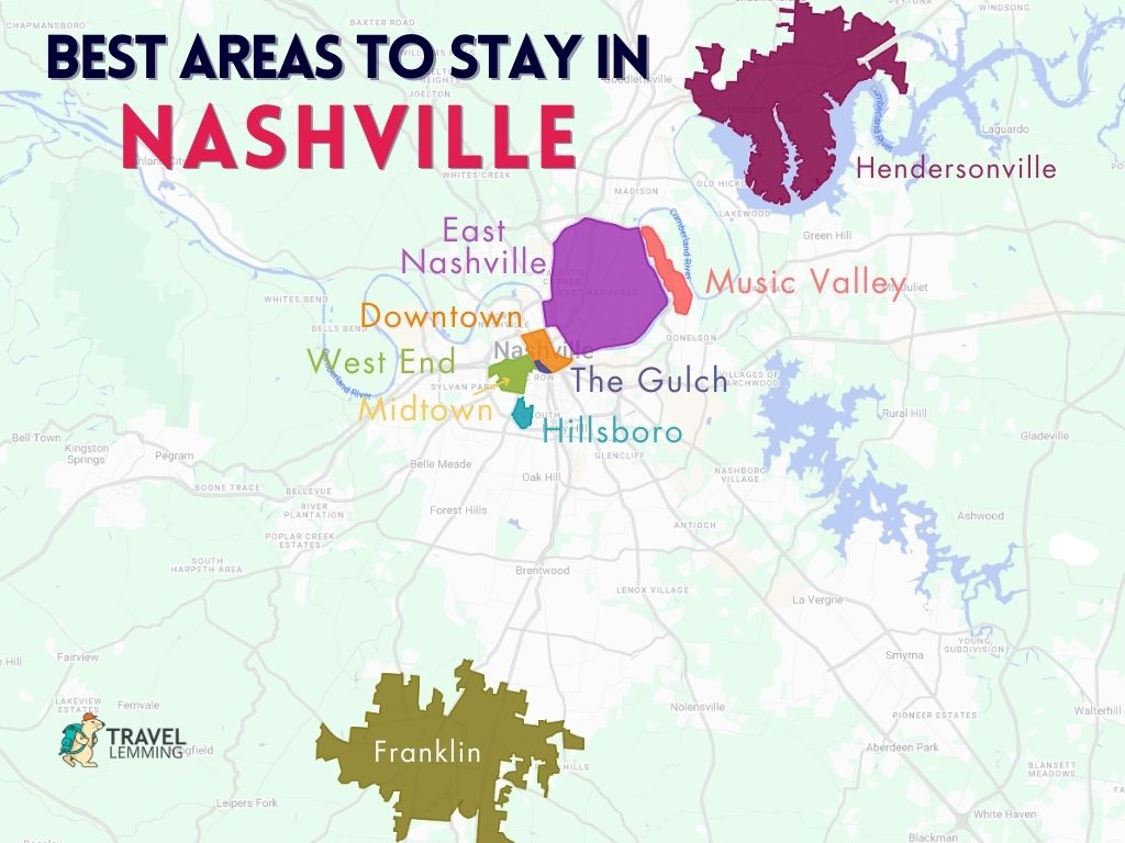 A graphic map that shows the best areas to stay in Nashville