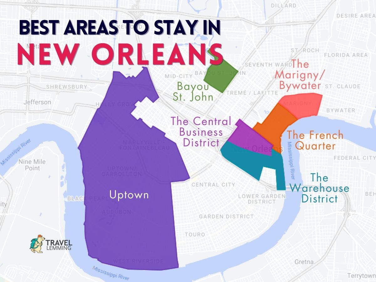 A graphic map that shows the best areas to stay in New Orleans