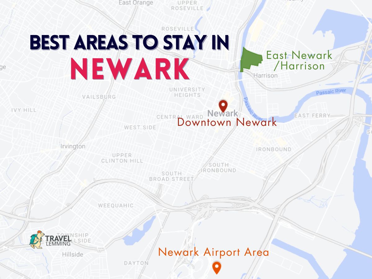 A graphic map that shows the best areas to stay in Newark NJ