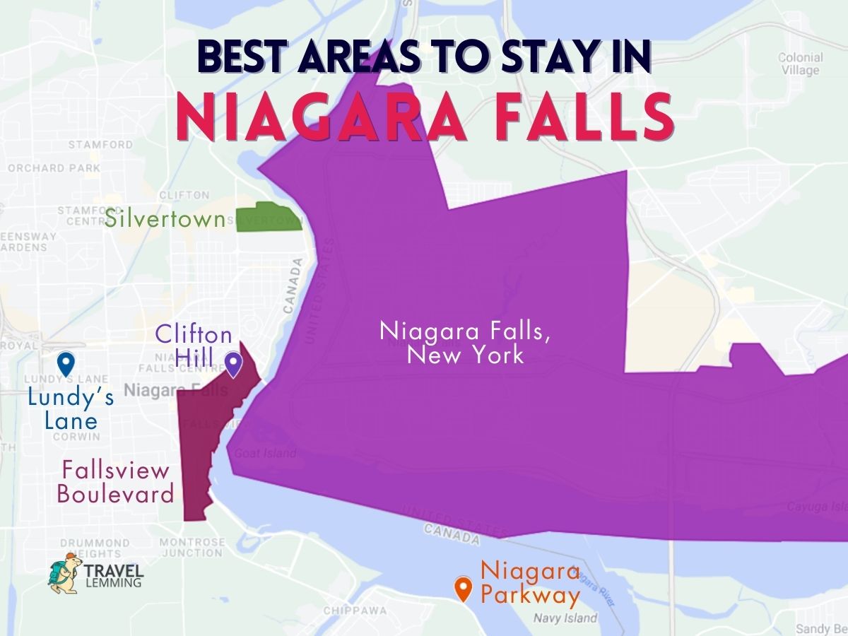 A graphic map that shows the best areas to stay in Niagara Falls