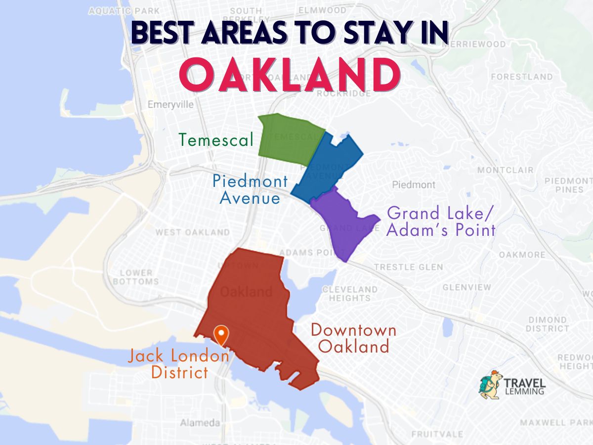 A graphic map that shows the best areas to stay in Oakland