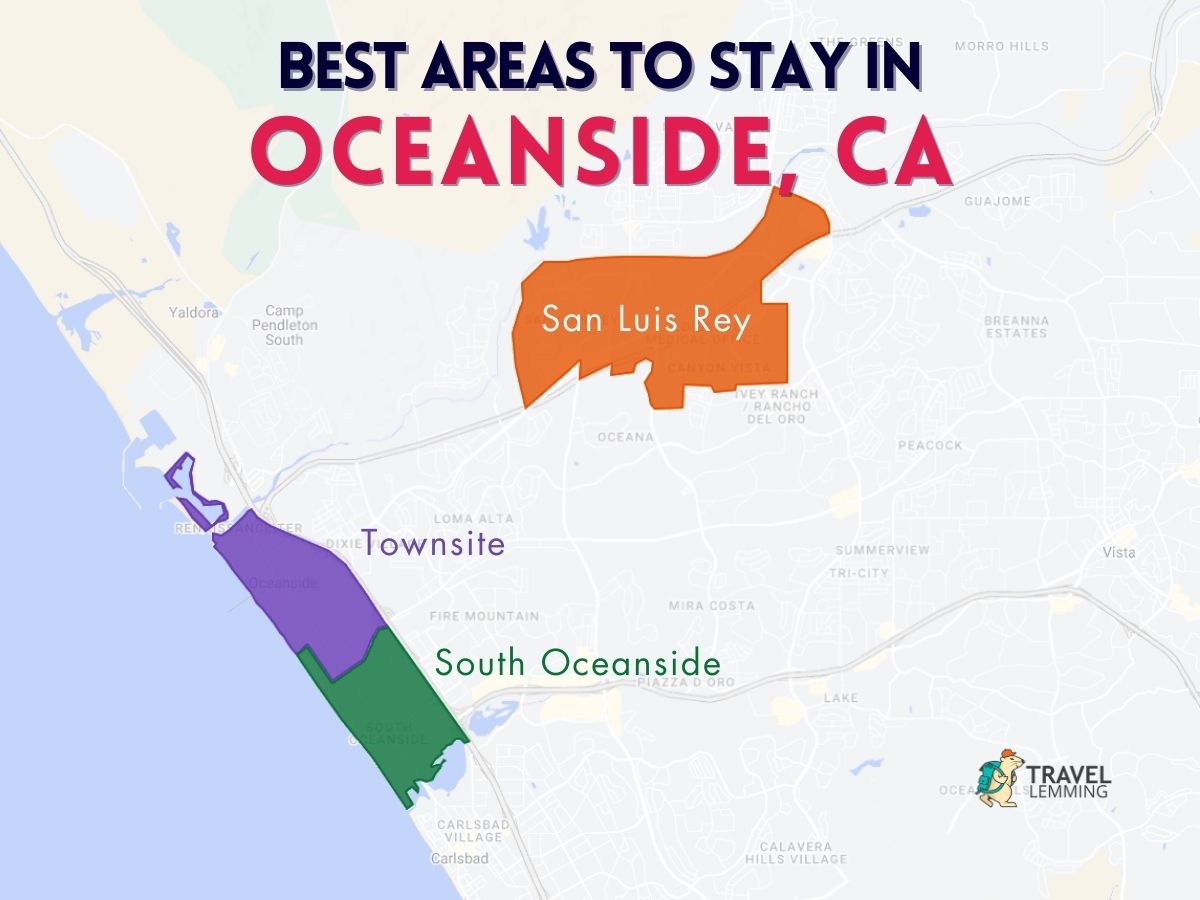 A graphic map that shows the best areas to stay in Oceanside
