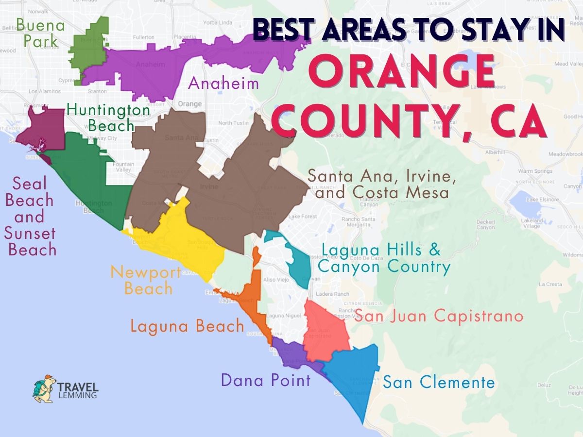 A graphic map that shows the best areas to stay in Orange County