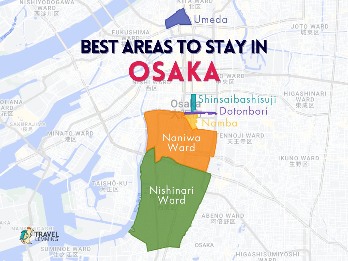A graphic map that shows the best areas to stay in Osaka, Japan
