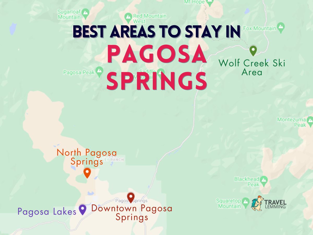 A graphic map that shows the best areas to stay in Pagosa Springs