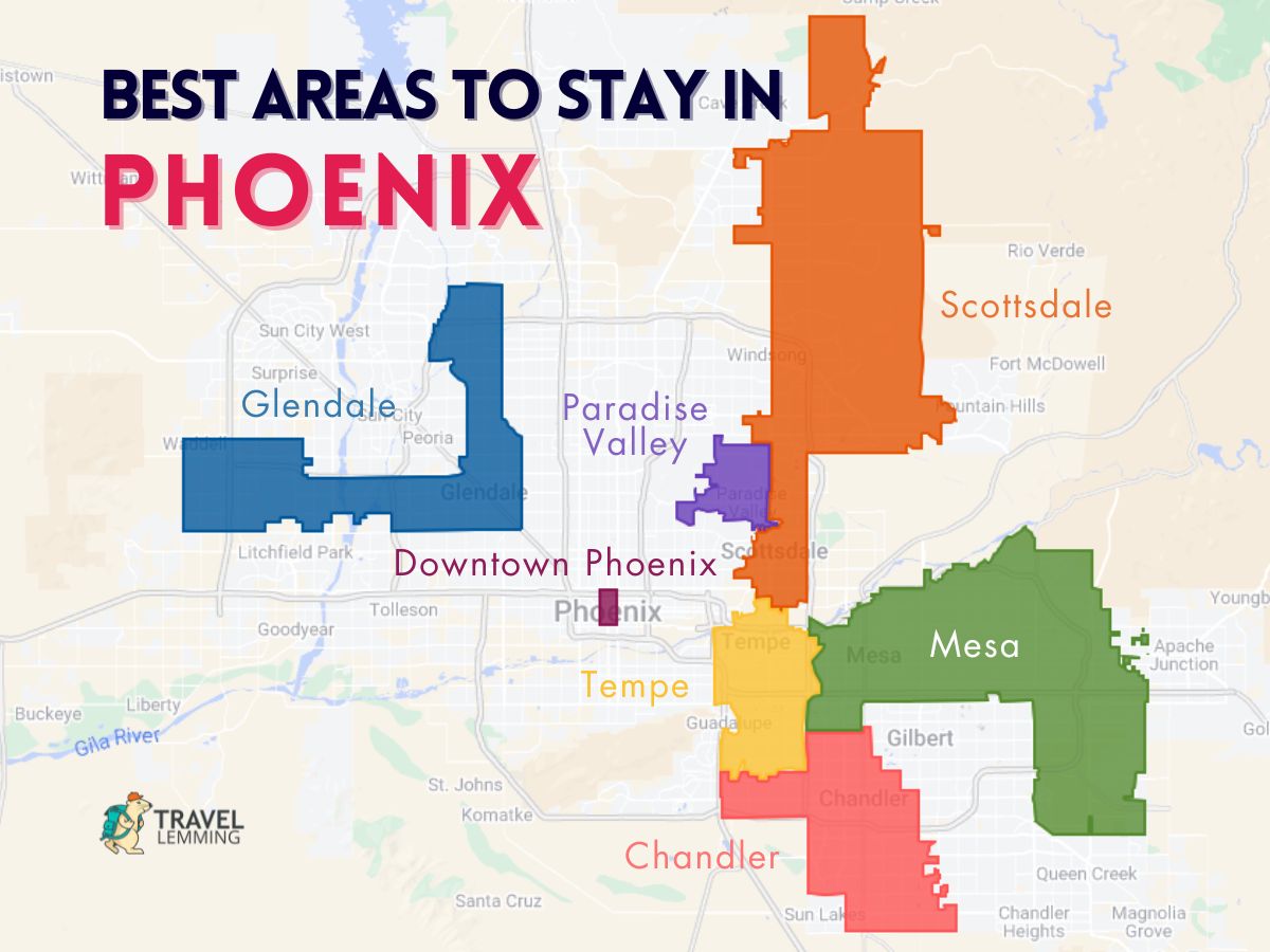 A graphic map that shows the best areas to stay in Phoenix