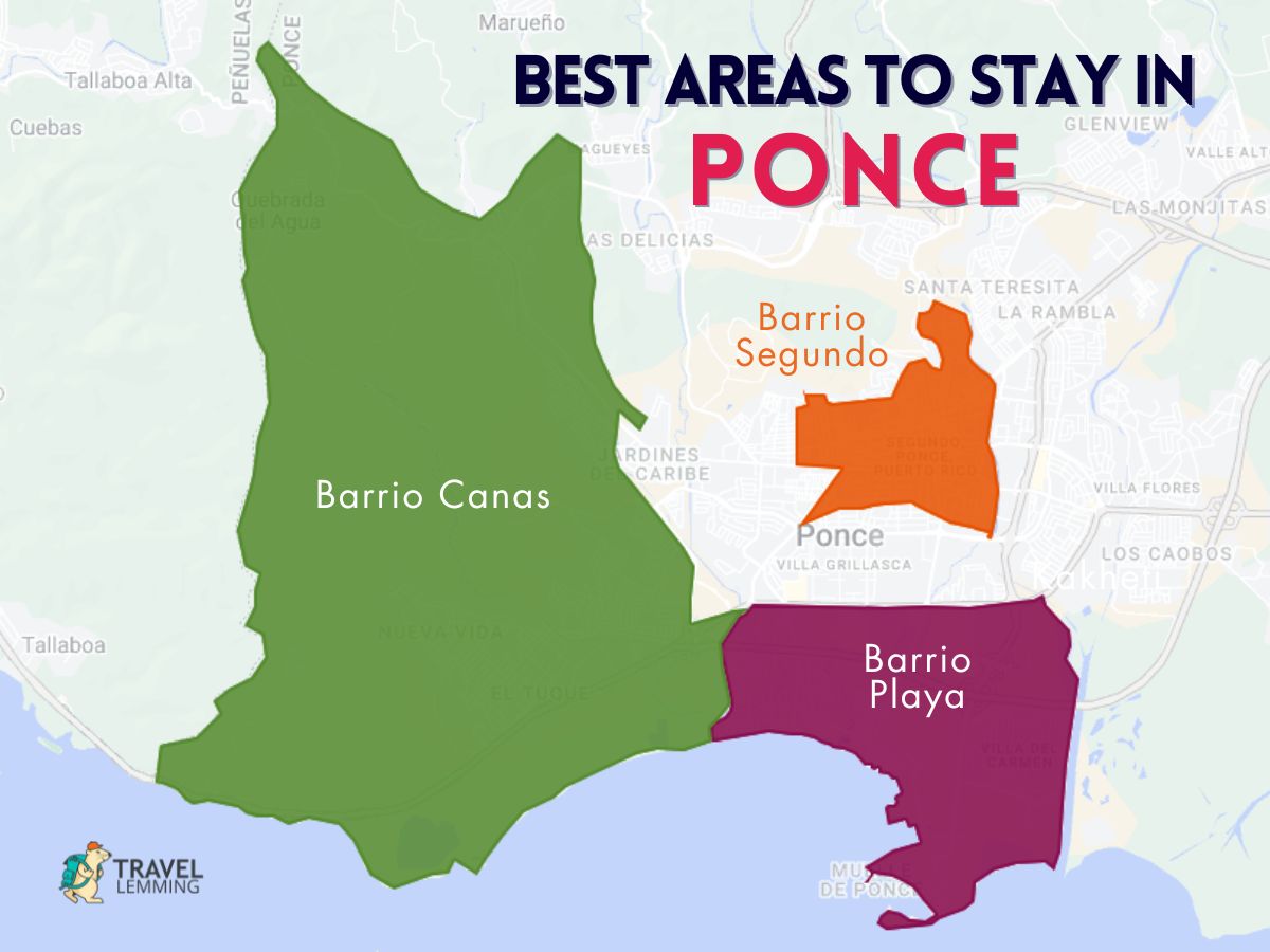 A graphic map that shows the best areas to stay in Ponce