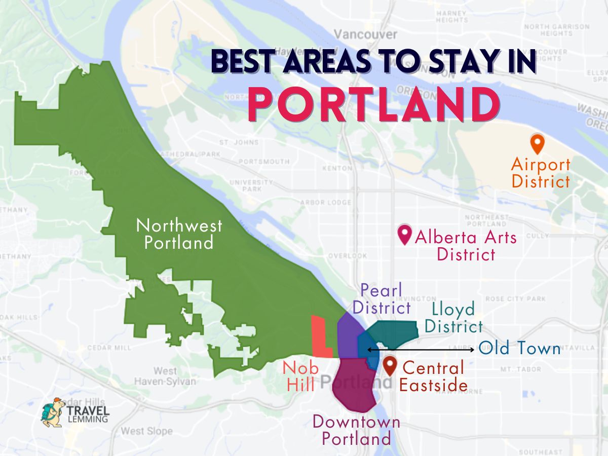 A graphic map that shows the best areas to stay in Portland