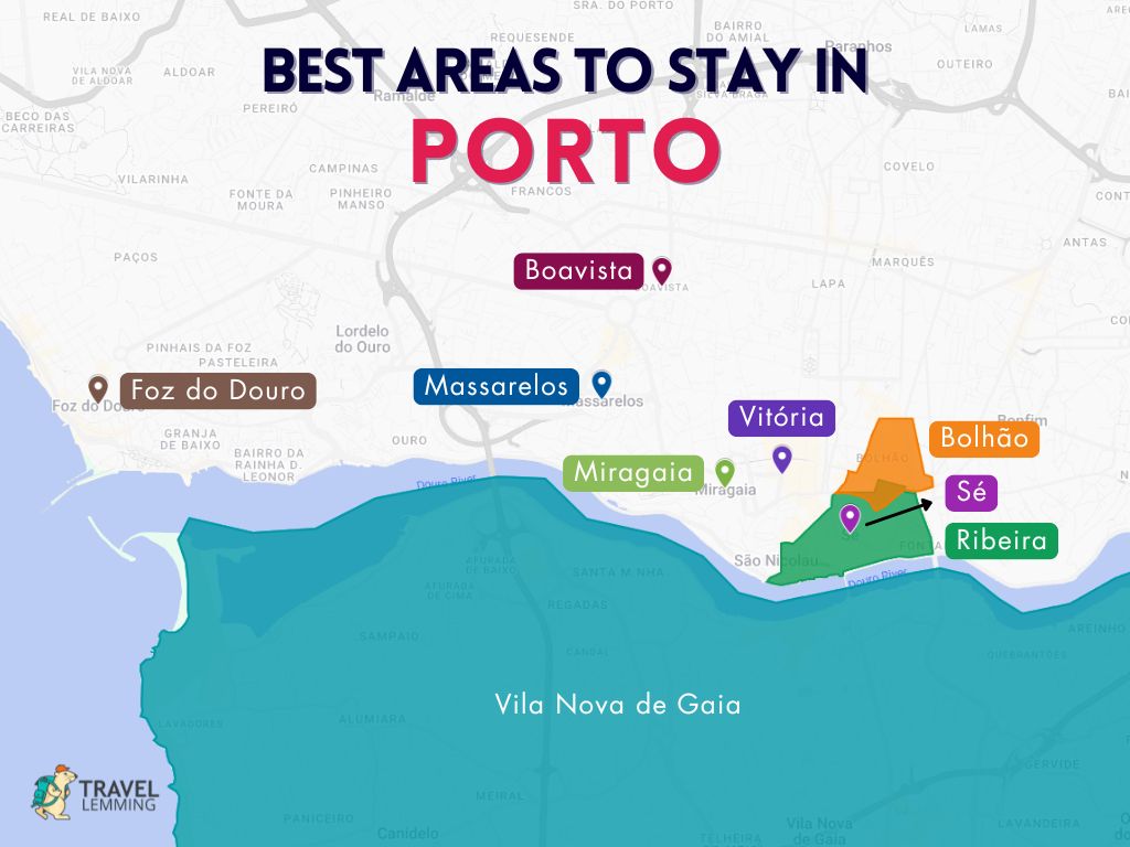 A graphic map that shows the best areas to stay in Porto