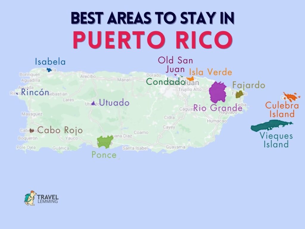 A graphic map that shows the best areas to stay in Puerto Rico
