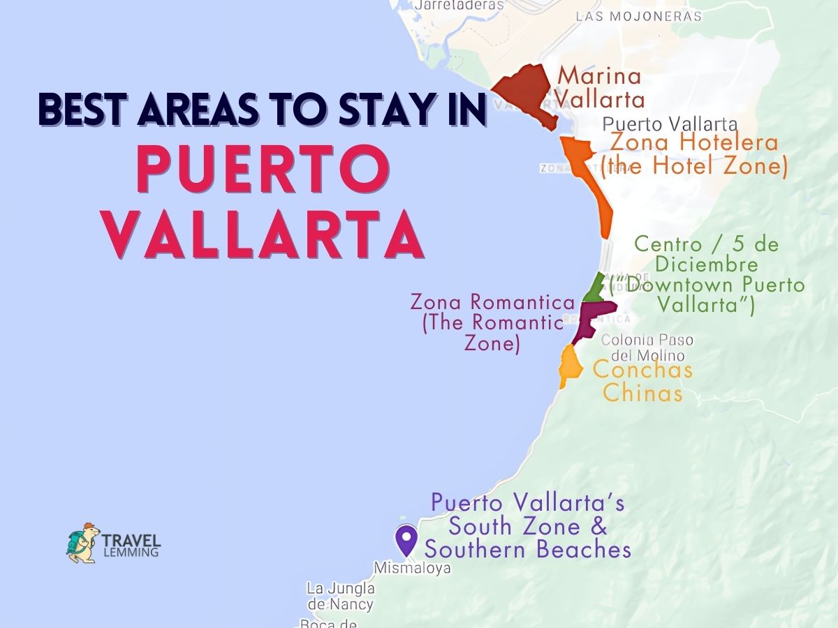 A graphic map that shows the best areas to stay in Puerto Vallarta