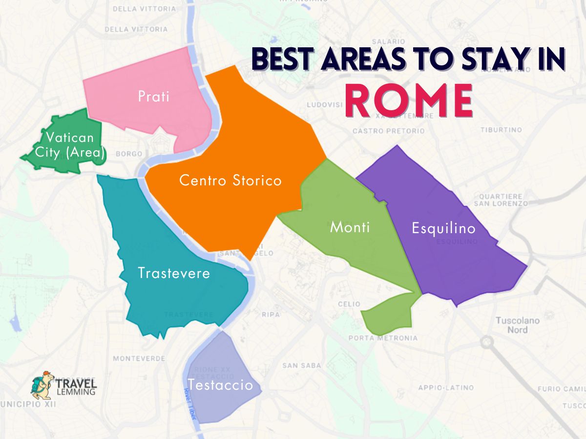 A graphic map that shows the best areas to stay in Rome